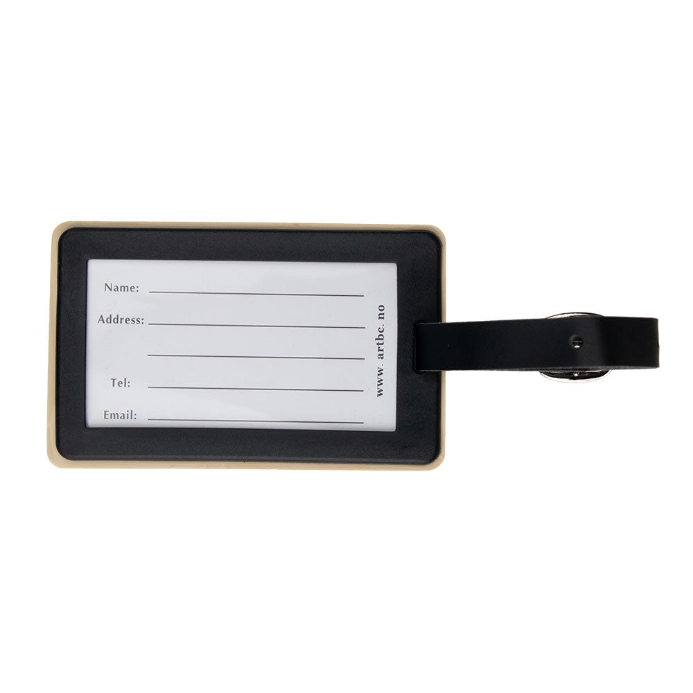 Svart og beige navnelapp mybag green med hvit etikett med felt for navn adresse telefon og epost