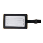 Svart og beige navnelapp mybag green med hvit etikett med felt for navn adresse telefon og epost
