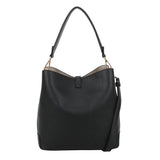 Bar bucket bag black er en svart pebbled skinn hobo veske med gulltonet maskinvare og avtakbar skulderstropp