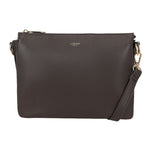 Dark brown pebbled leather crossbody clutch bar cmprtment crossover with gold-tone hardware and minimalist design