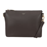 Dark brown pebbled leather crossbody clutch bar cmprtment crossover with gold-tone hardware and minimalist design